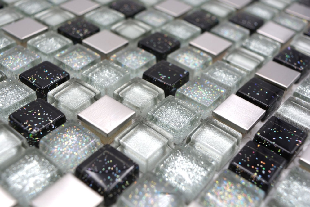 Mosaico cuadrado vidrio mosaico acero mezcla plata negro mezcla translucido acero inoxidable brillante