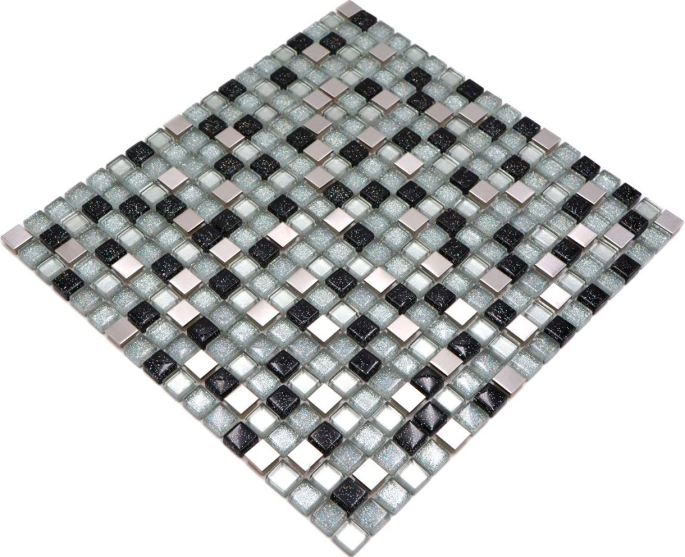 Mosaico cuadrado vidrio mosaico acero mezcla plata negro mezcla translucido acero inoxidable brillante
