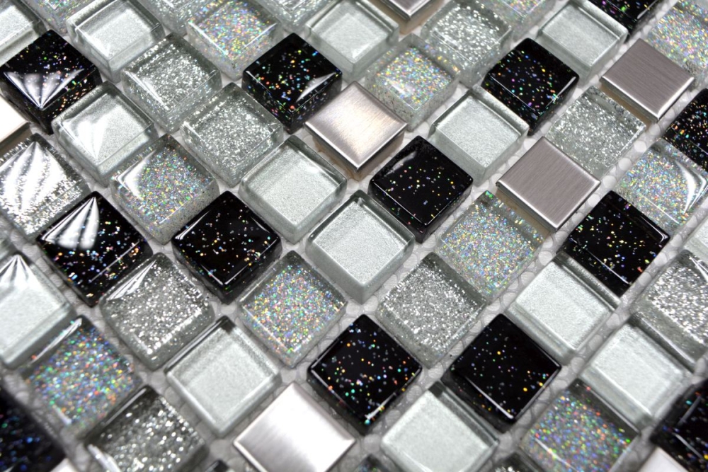 Mosaico cuadrado vidrio mosaico acero mezcla plata negro mezcla translucido acero inoxidable brillante
