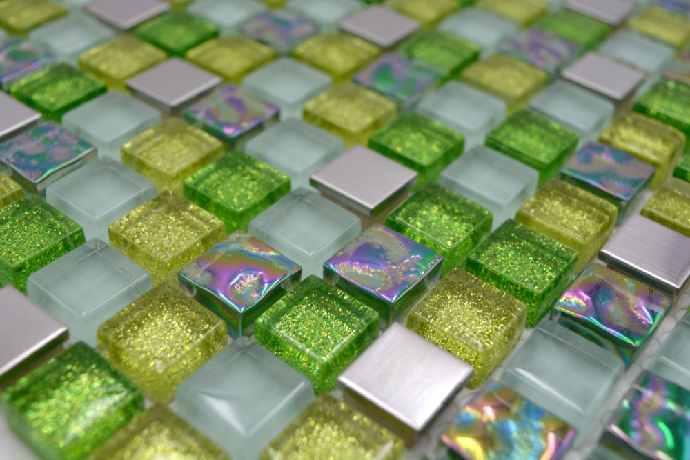 Mosaico cuadrado vidrio mosaico acero mezcla verde mezcla translucido acero inoxidable brillante