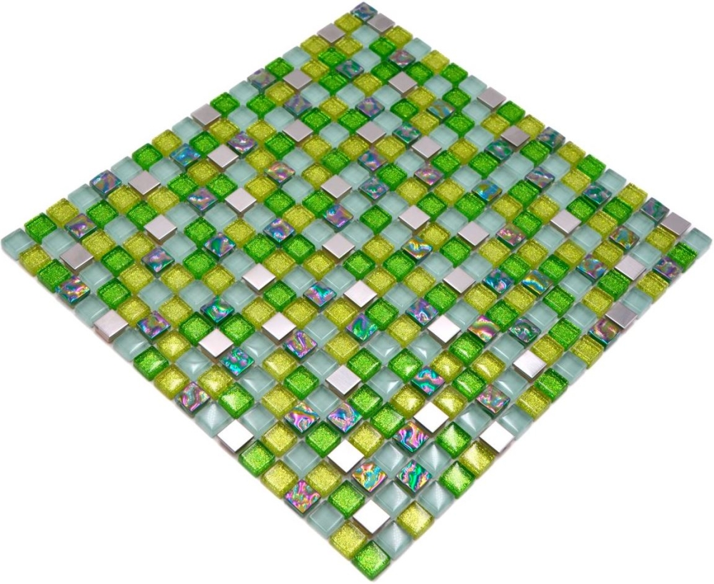 Mosaico cuadrado vidrio mosaico acero mezcla verde mezcla translucido acero inoxidable brillante