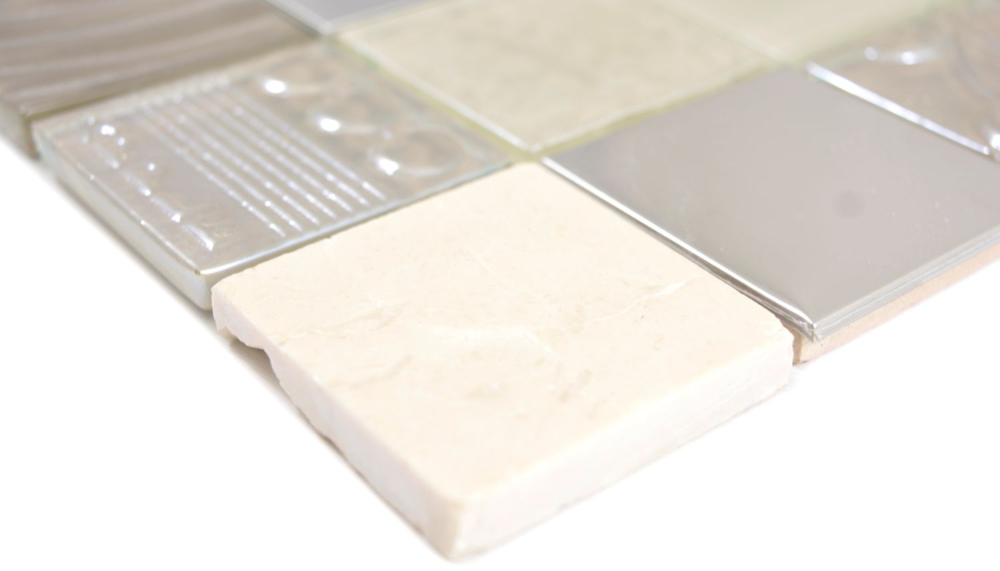 Mosaico de vidrio azulejos de mosaico de piedra mosaico de acero en relieve beige crema barro pared azulejos backsplash cocina cuarto de bano 88-1224