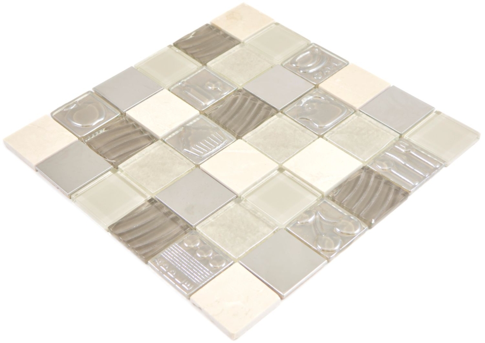 Mosaico de vidrio azulejos de mosaico de piedra mosaico de acero en relieve beige crema barro pared azulejos backsplash cocina cuarto de bano 88-1224