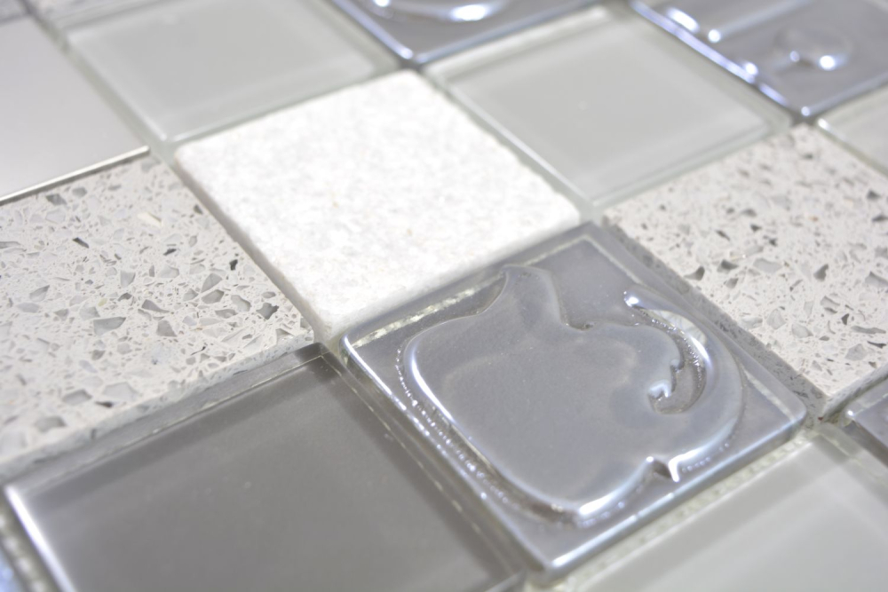 Mosaico de vidrio mosaico azulejos piedra artificial acero relieve gris grafito crema pared azulejo backsplash cocina bano 88-0217
