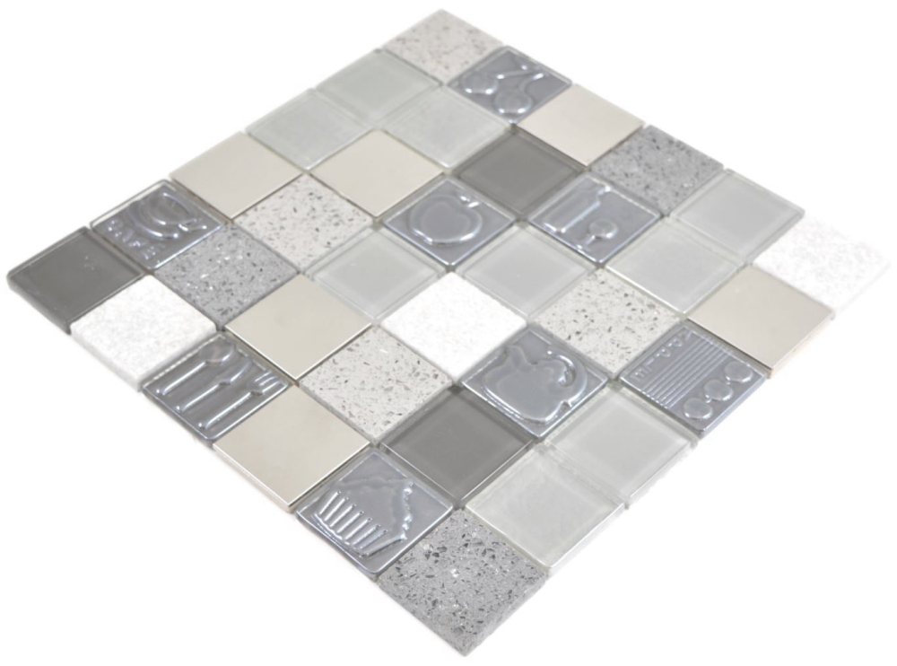 Mosaico de vidrio mosaico azulejos piedra artificial acero relieve gris grafito crema pared azulejo backsplash cocina bano 88-0217