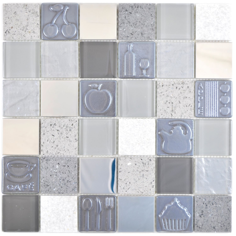 Mosaico de vidrio mosaico azulejos piedra artificial acero relieve gris grafito crema pared azulejo backsplash cocina bano 88-0217