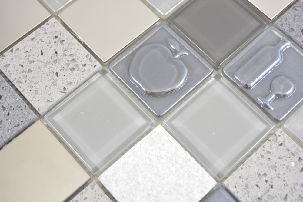 Mosaico de vidrio mosaico azulejos piedra artificial acero relieve gris grafito crema pared azulejo backsplash cocina bano 88-0217