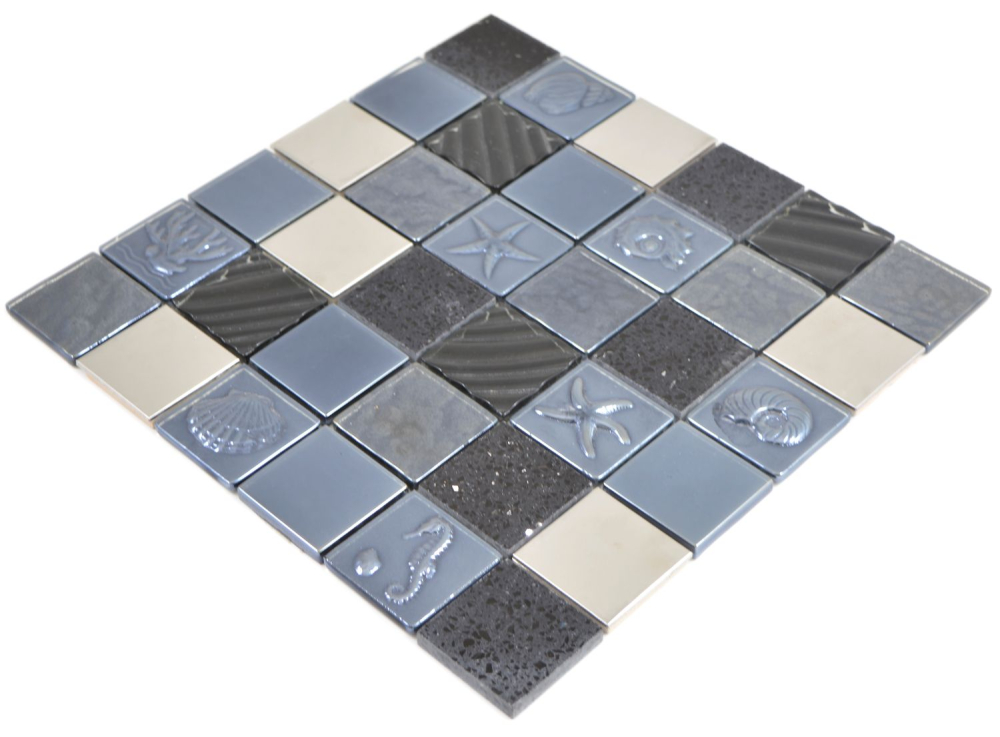 Mosaik Quadrat Glasmosaik Artificial Stahl mix Relief black Mix Transluzent Komposit Edelstahl Reliefoptik schwarz glänzend