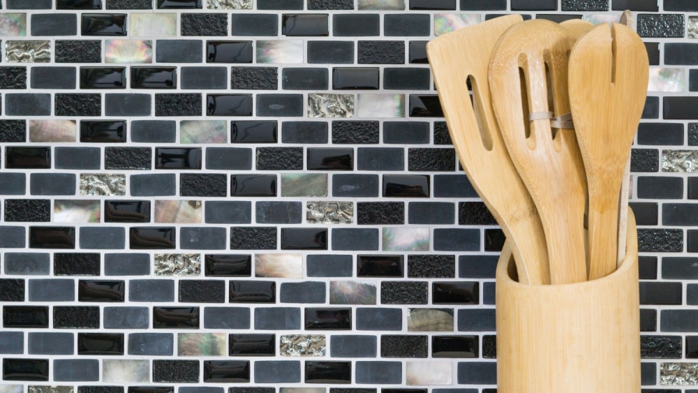 Mosaik Brick Glasmosaik Stein Muschel mix schwarz MIX Transluzent Mauerverbandoptik glänzend