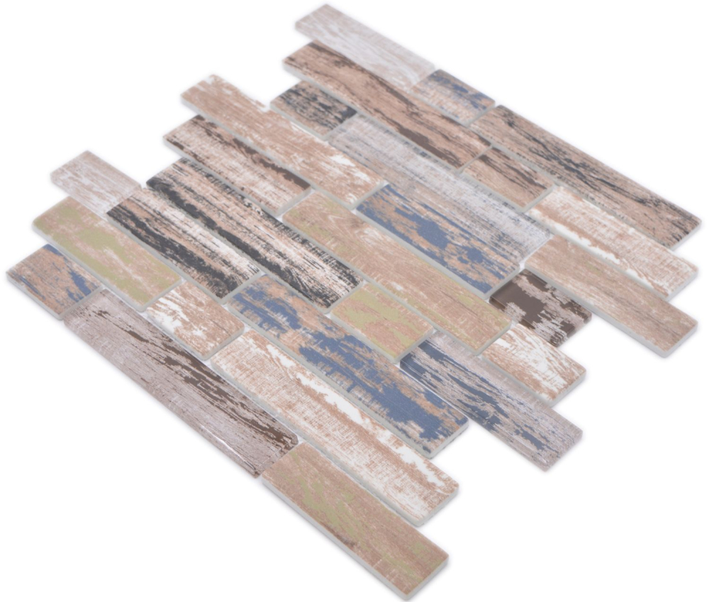 Mosaique Brick composite ECO mosaique de verre mix old wood Mix GLAS translucide aspect maconnerie multicolore mat