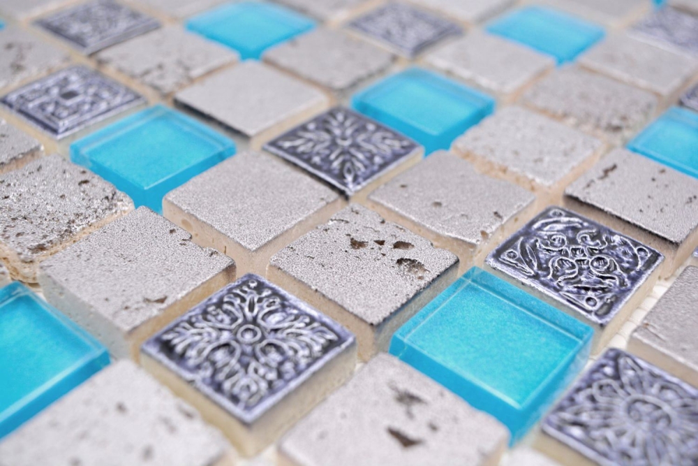 Piedra artificial mosaico rustico azulejo mosaico de vidrio resina azul gris antracita plata backsplash de cocina - 82-0402
