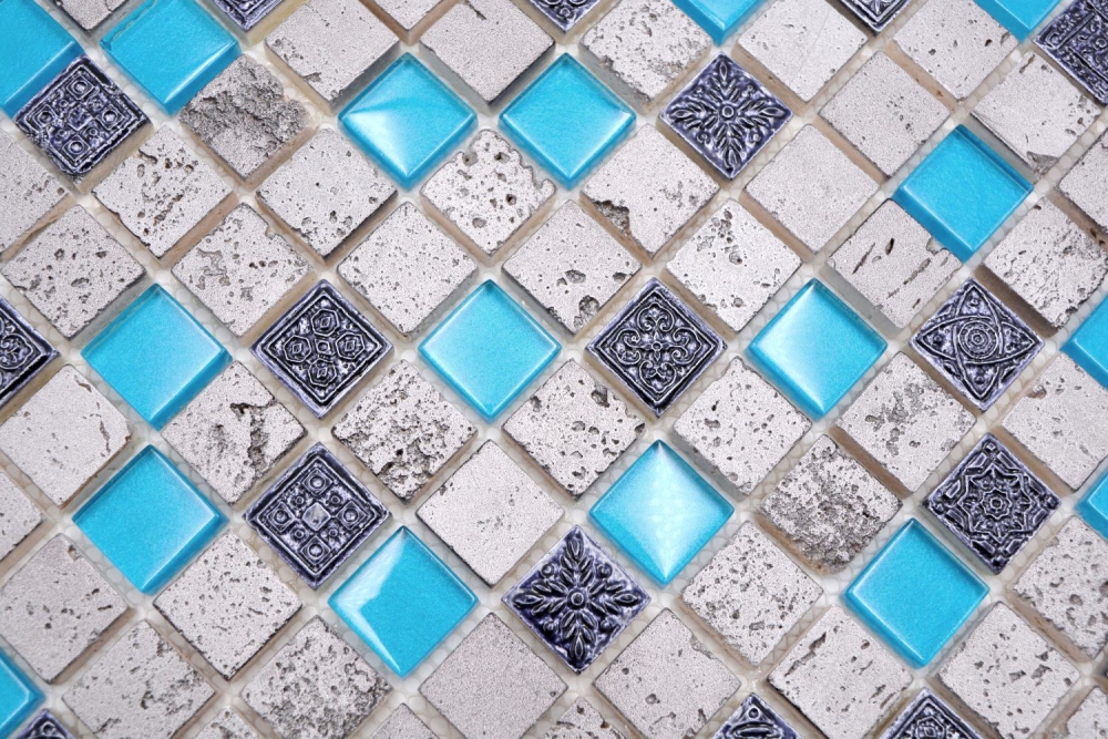 Piedra artificial mosaico rustico azulejo mosaico de vidrio resina azul gris antracita plata backsplash de cocina - 82-0402