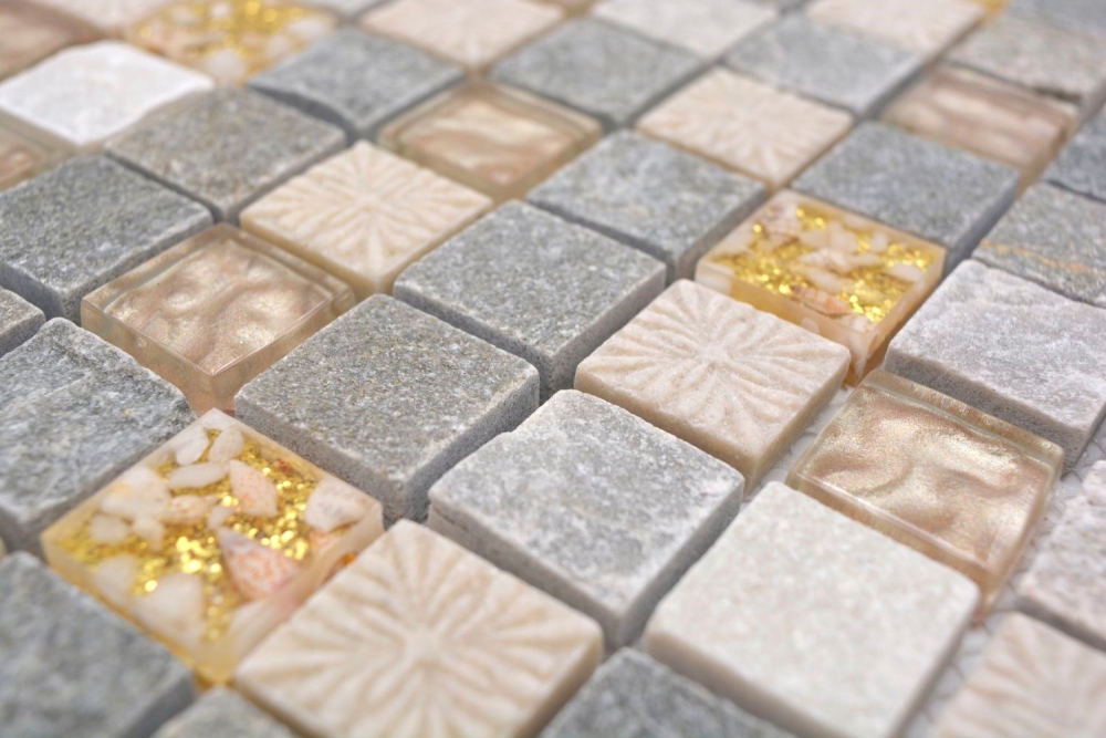 Piedra natural Cuarcita rustica Azulejo de mosaico de piedra natural Mosaico de vidrio oro beige gris claro miel Revestimiento de azulejos Revestimiento de paredes Cocina WC - 83-CR27
