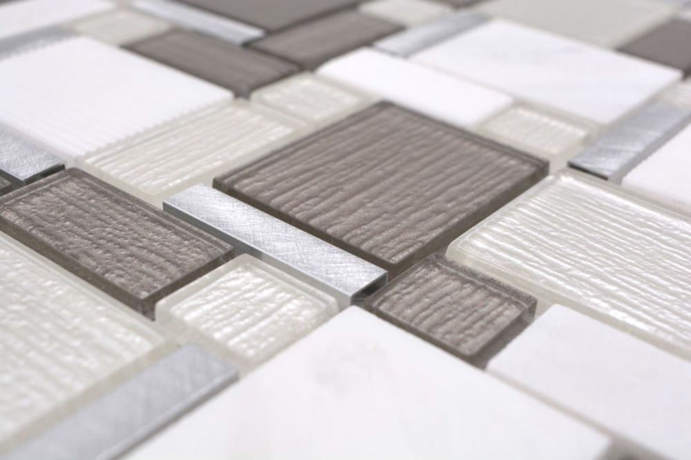 Mosaique de verre Pierre naturelle Alu Combinaison blanc beige clair argent 49-FK01