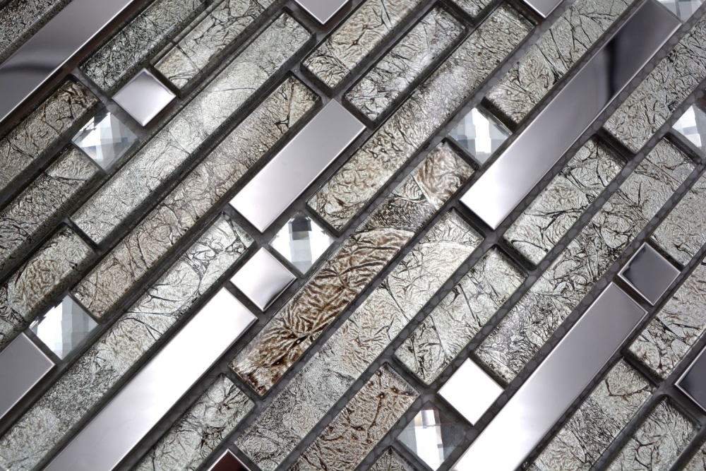 Glasmosaik Stäbchen Riemchen Edelstahl Cream Silber Changierend - 86-0106