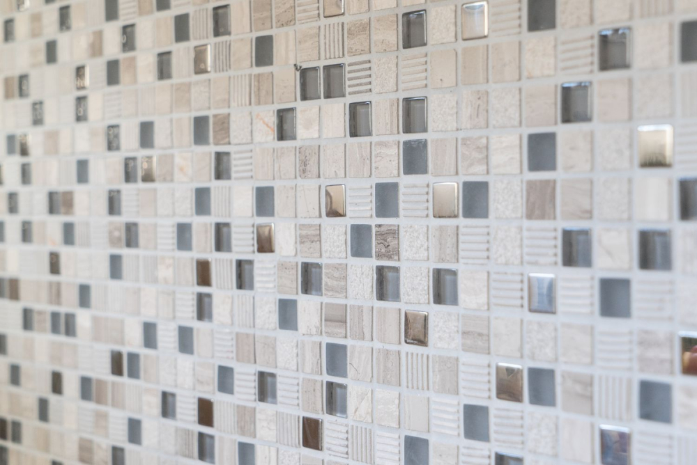 Mosaikfliesen Glasmosaik Naturstein hellgrau silber cream Quadrat Crystal