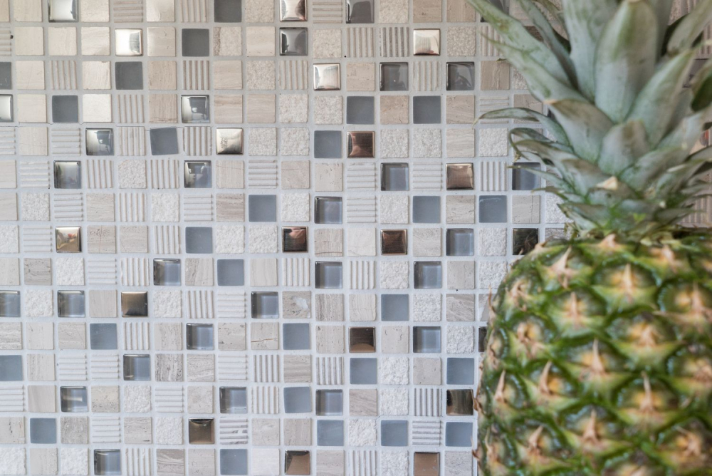 Mosaikfliesen Glasmosaik Naturstein hellgrau silber cream Quadrat Crystal
