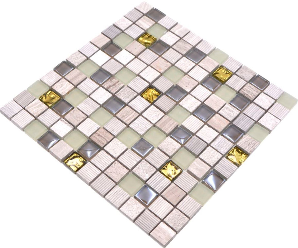 Mosaikfliesen Mix-Mosaik Marmor hellgrau gold Milchglas Struktur