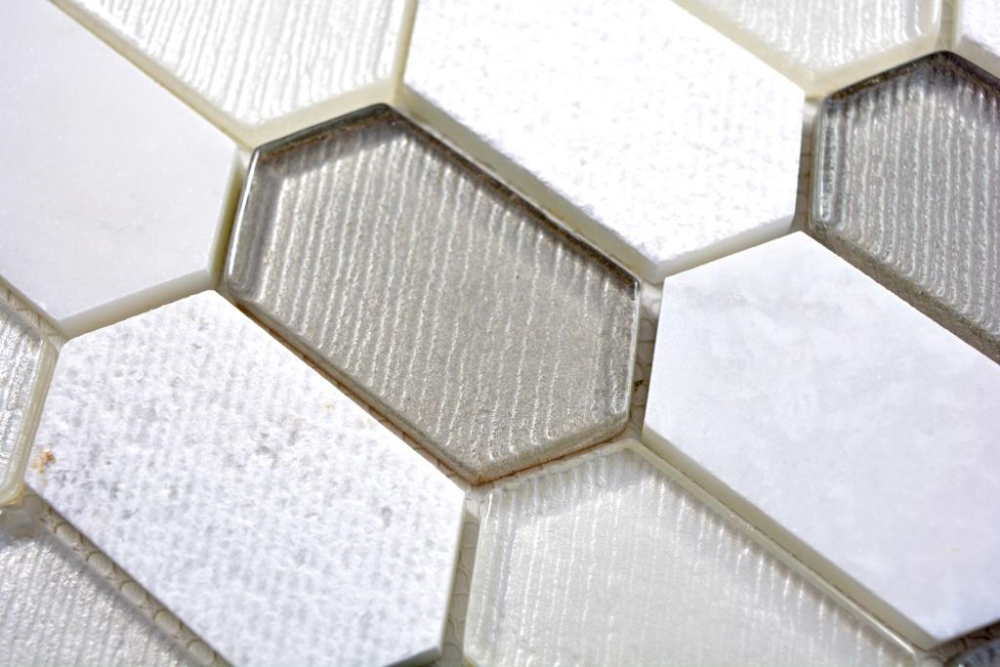 Mosaique Hexagonal Mosaique de verre Pierre mix blanc beige gris Mix translucide aspect hexagonal brillant