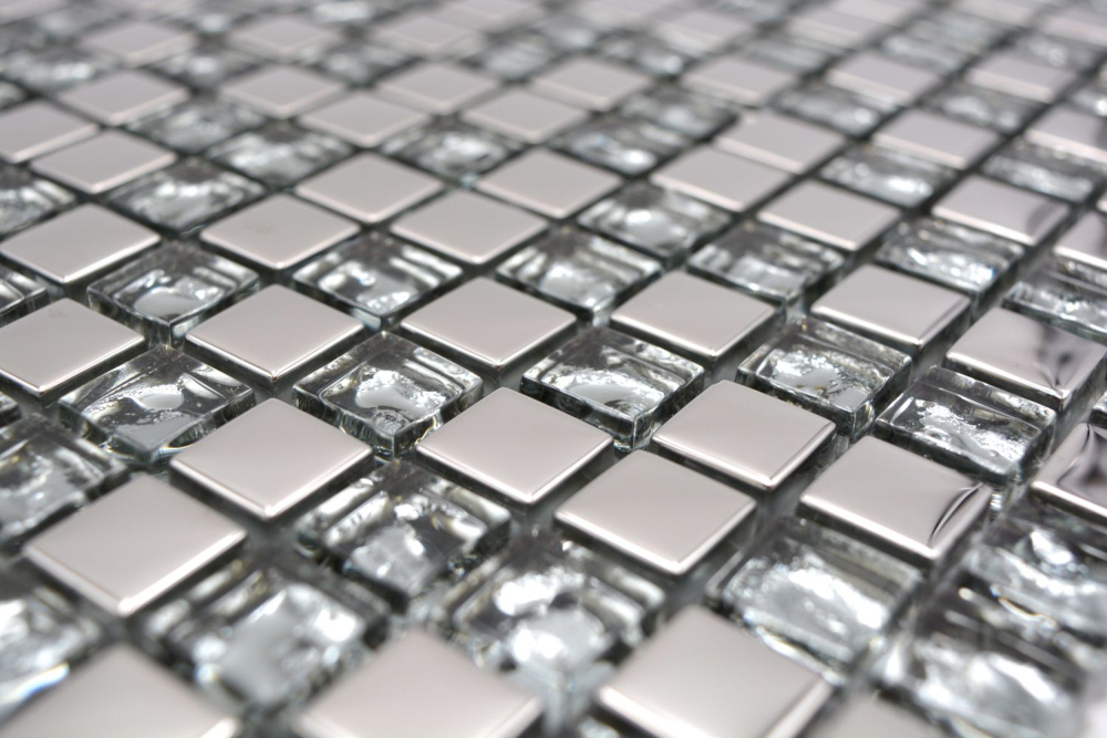 Mosaik Fliese Glasmosaik Silber Klar Fliesenspiegel Wand Küche Badfliese - 92-0218