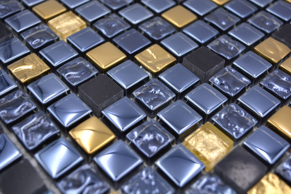 Mosaico mezcla piedra translucida negro con oro brillante - 10 hojas de mosaico