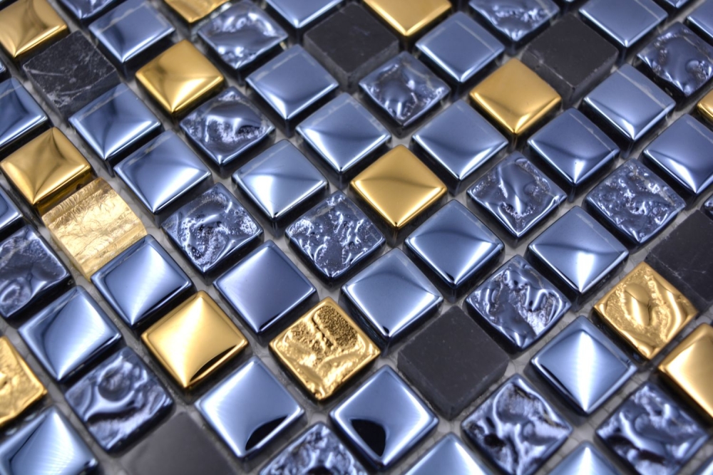 Mosaico mezcla piedra translucida negro con oro brillante - 10 hojas de mosaico