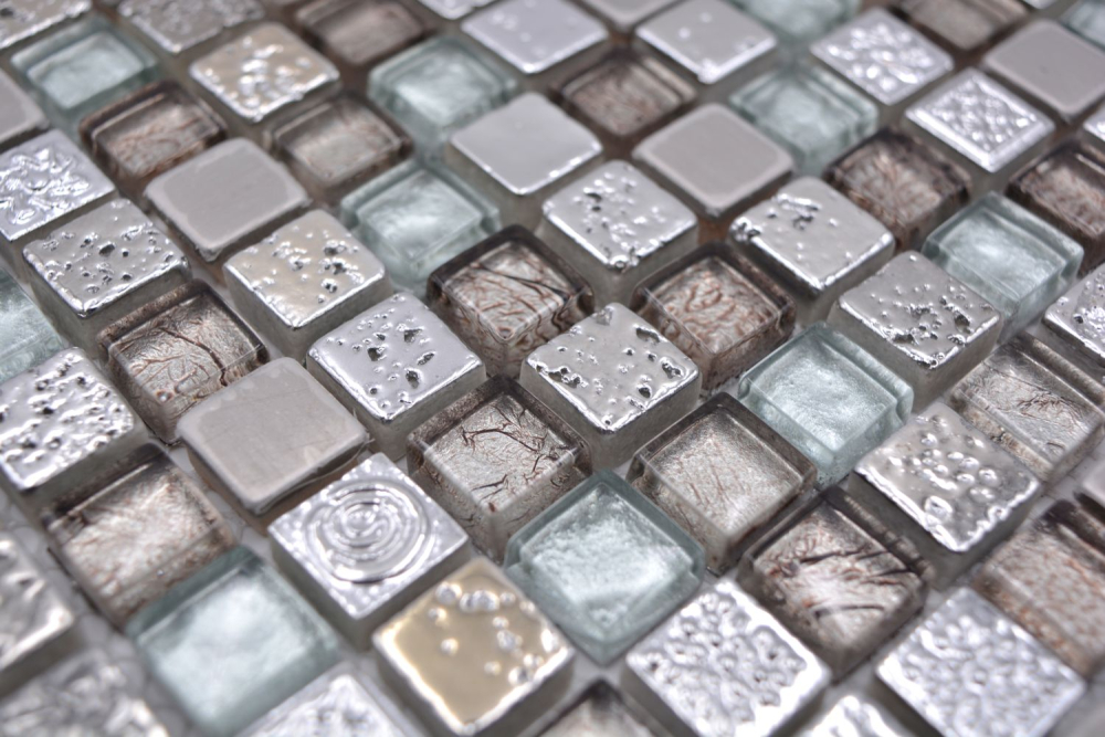 Mosaique de verre Pierre naturelle Resine Acier inoxydable Ornement rustique argent cream gris - 92-680
