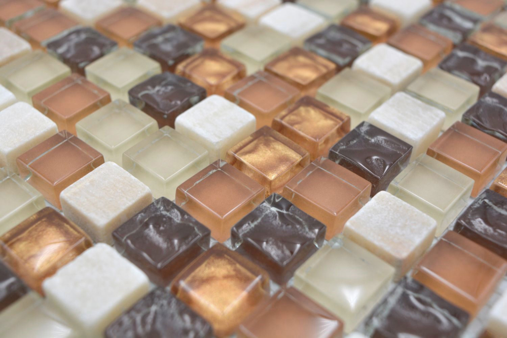 Mosaico cuadrado de vidrio mosaico de piedra mezcla beige marron translucido brillante