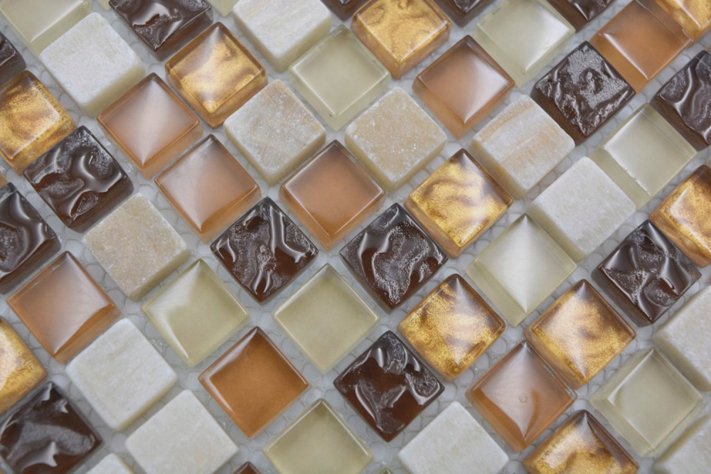 Mosaico cuadrado de vidrio mosaico de piedra mezcla beige marron translucido brillante