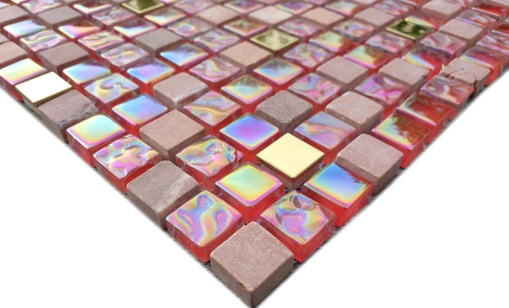 Mosaico cuadrado vidrio mosaico piedra acero mezcla rojo rosa oro mezcla translucido acero inoxidable brillante
