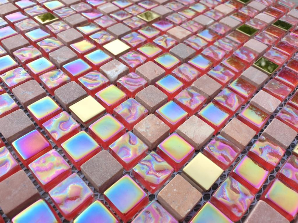 Mosaico cuadrado vidrio mosaico piedra acero mezcla rojo rosa oro mezcla translucido acero inoxidable brillante