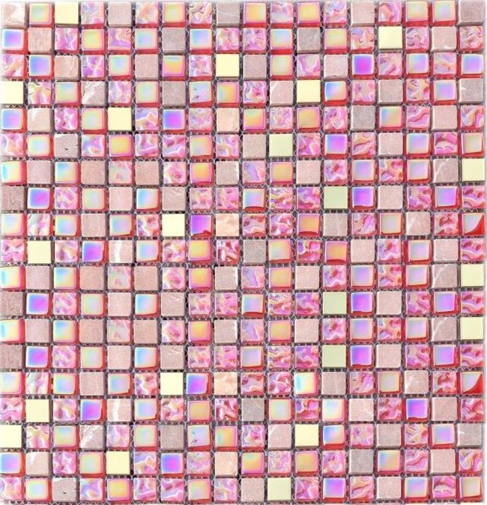 Mosaico cuadrado vidrio mosaico piedra acero mezcla rojo rosa oro mezcla translucido acero inoxidable brillante
