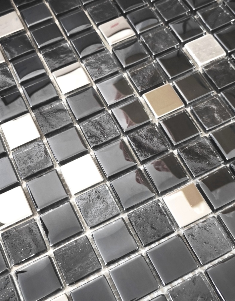 Glasmosaik Mosaikfliese Bordüre Anthrazit Silber blaustich - 88-0322