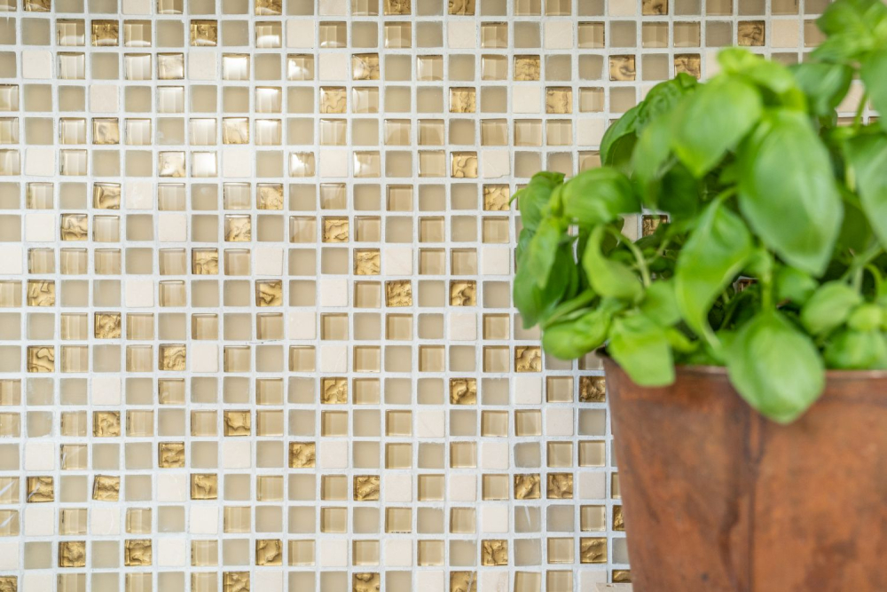 Mosaique Carre Mosaique de verre Pierre mix blanc mat or Mix translucide brillant