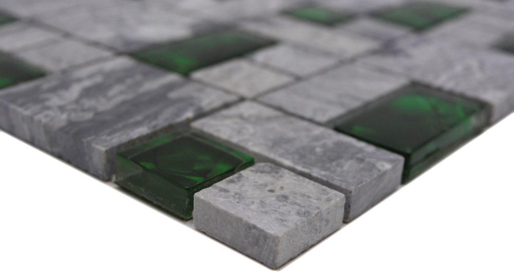 Naturstein Glasmosaik grau mit grün glänzend Wand Boden Küche Bad Dusche - 88-0405