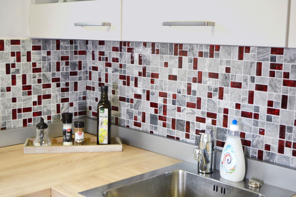 Piedra natural mosaico de vidrio gris con rojo brillante pared piso cocina bano ducha - 88-0409