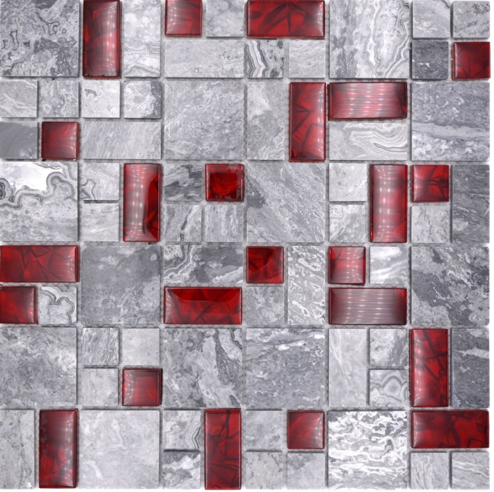Mosaique Mix Optique Translucide Pierre grise avec rouge brillant - 10 feuilles de mosaique