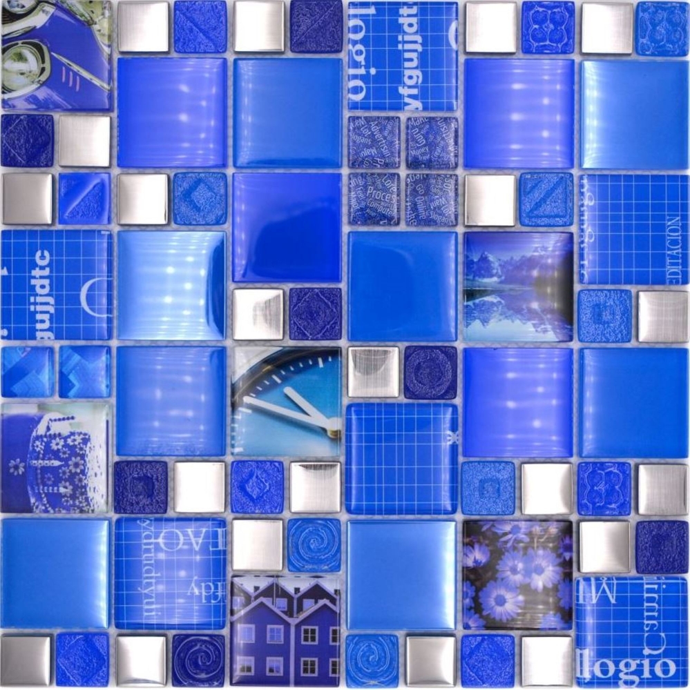 Glasmosaik Mosaikfliese Silber Weiß Lichtblau Himmelblau Signalblau Fliesenspiegel - 88-0417