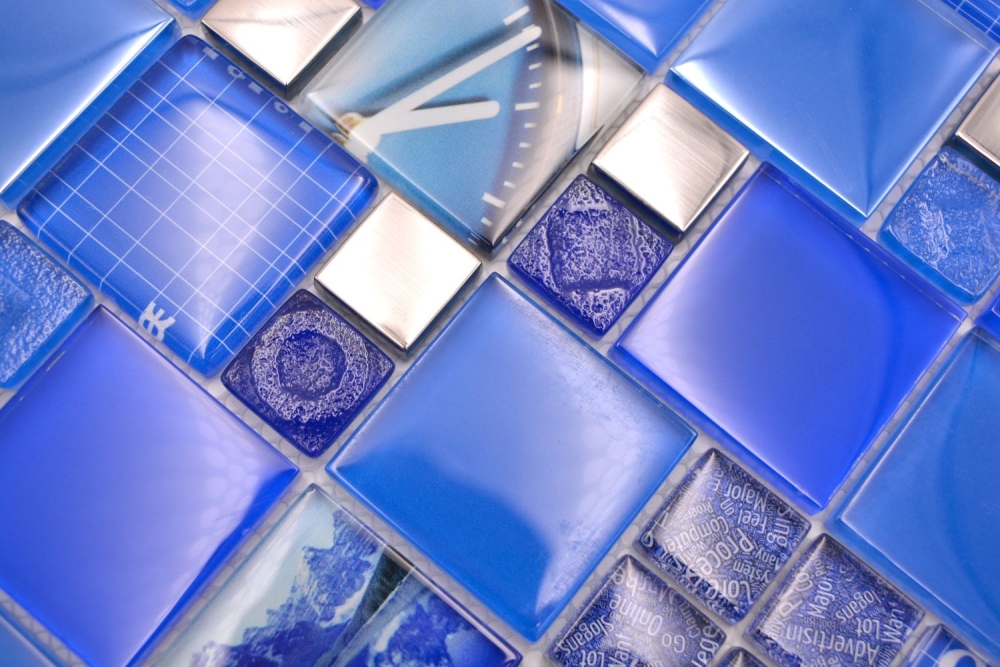 Mosaique de verre Carreau argente blanc bleu ciel bleu signal - 88-0417