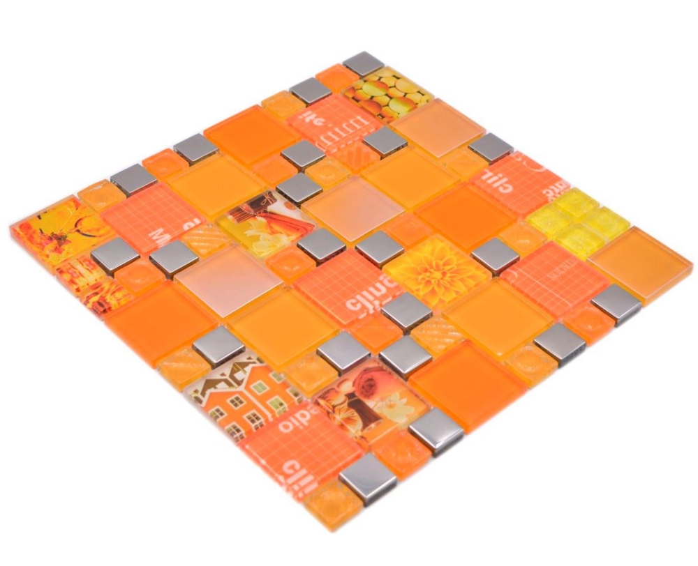 Mosaique de verre Carreau argente orange fonce jaune soleil - 88-0817