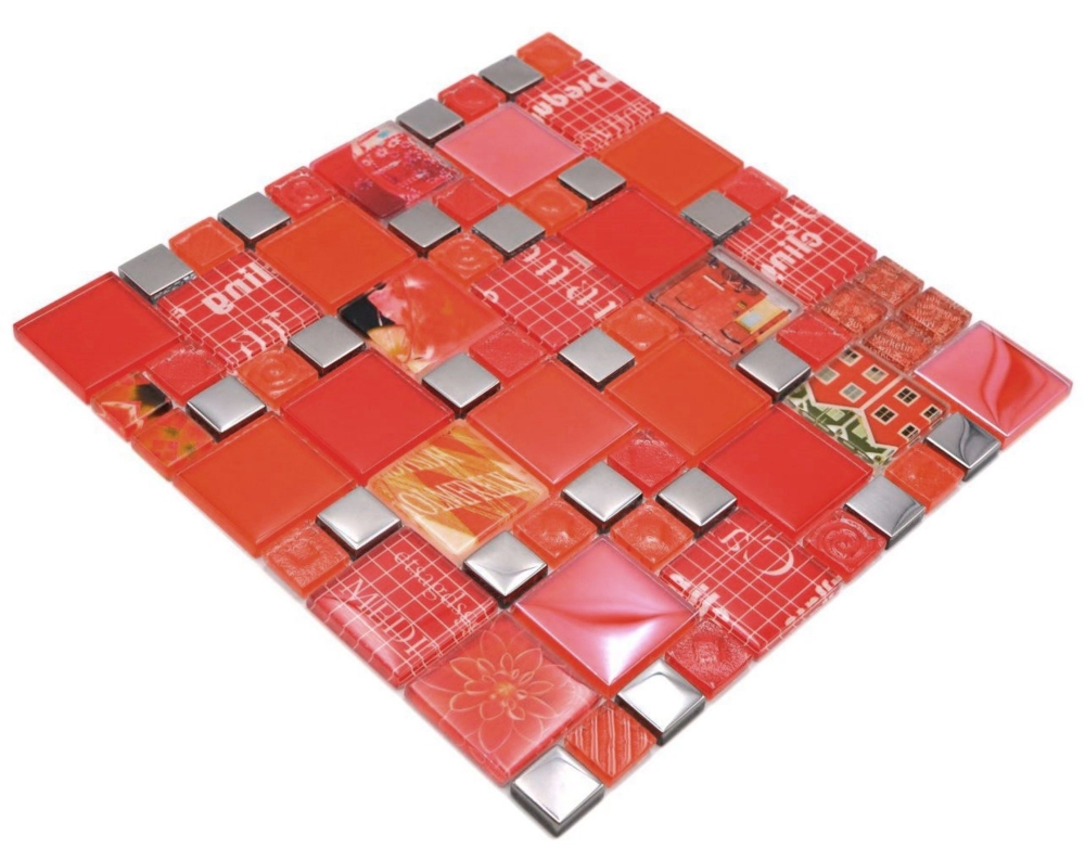 Glasmosaik Mosaikfliese Silber Rot Weiß Lachsrot Fliesenspiegel - 88-0917