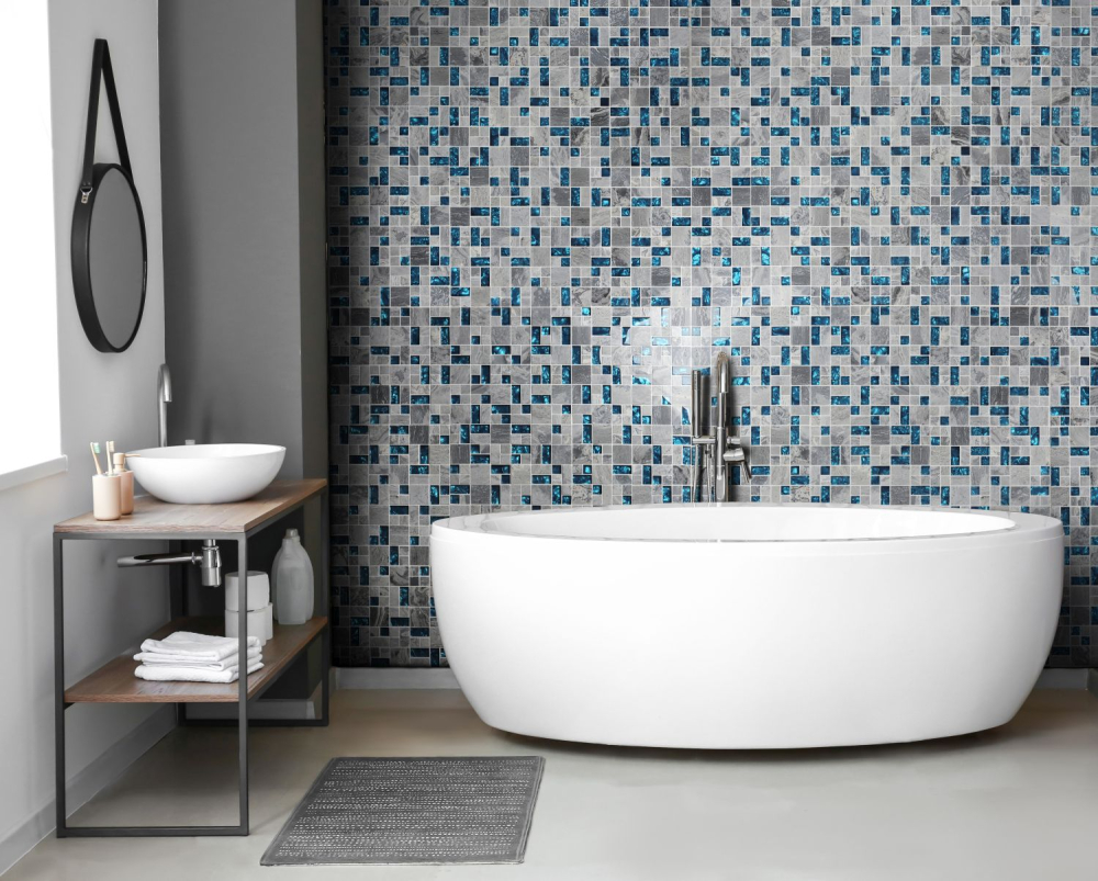 Mosaique combinaison mosaique de verre pierre mix gris avec bleu mix translucide aspect combine brillant