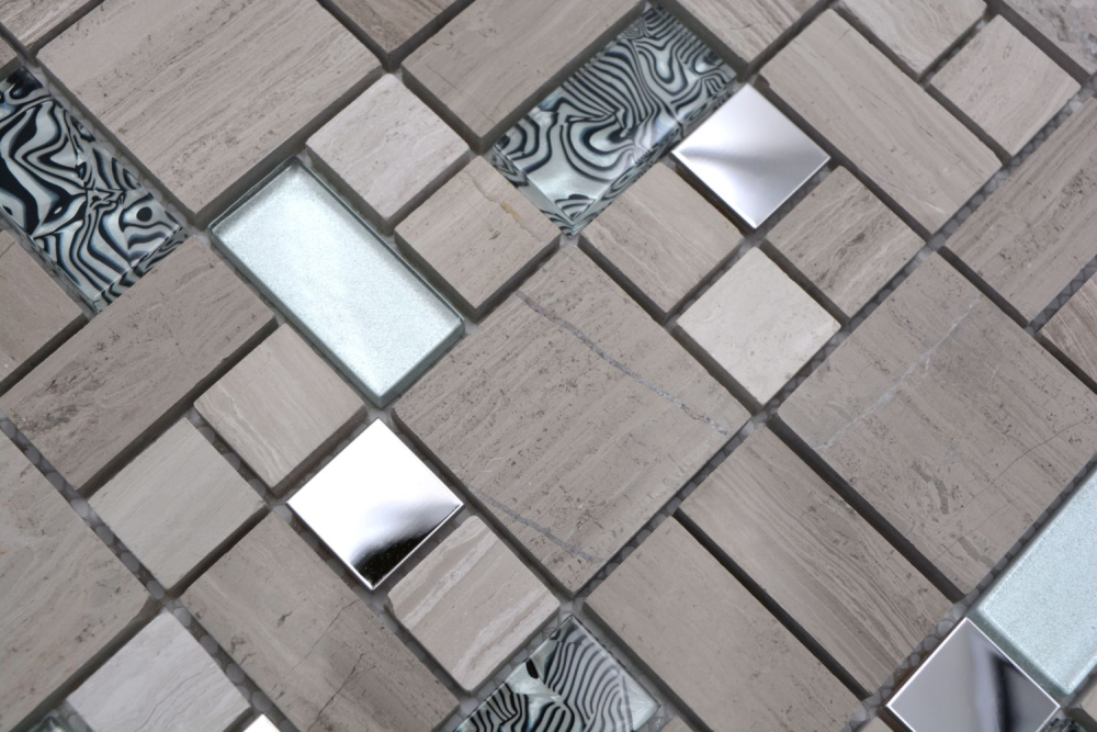 Mosaikfliesen Natursteinmosaik Marmor Edelstahl seifengrau hellgrau silber klar