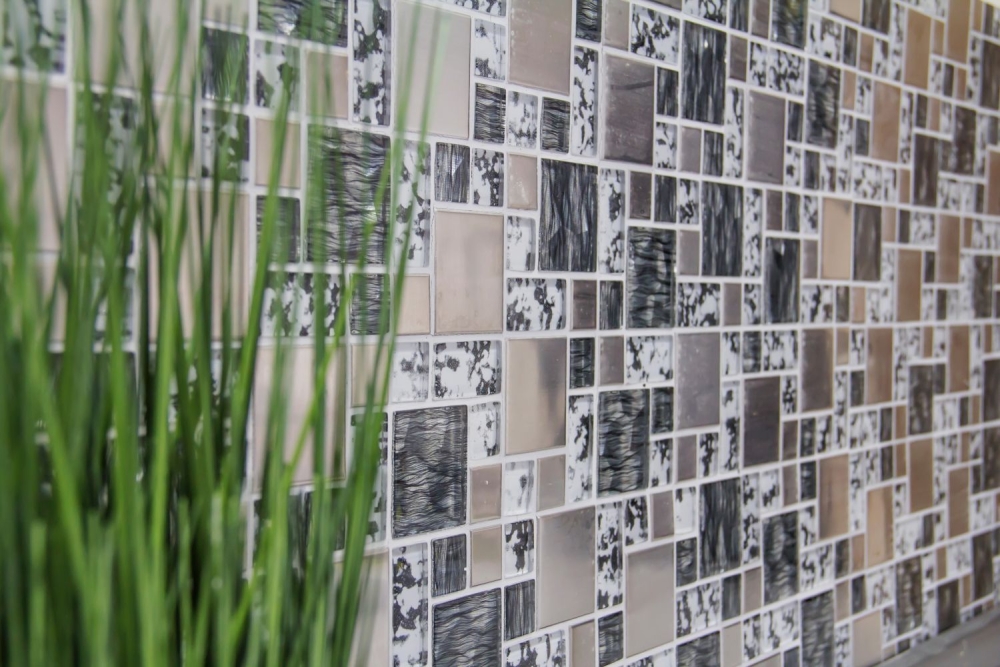 Mosaico combinacion vidrio mosaico acero mezcla negro estructura mezcla translucido acero inoxidable combinacion look plata brillante