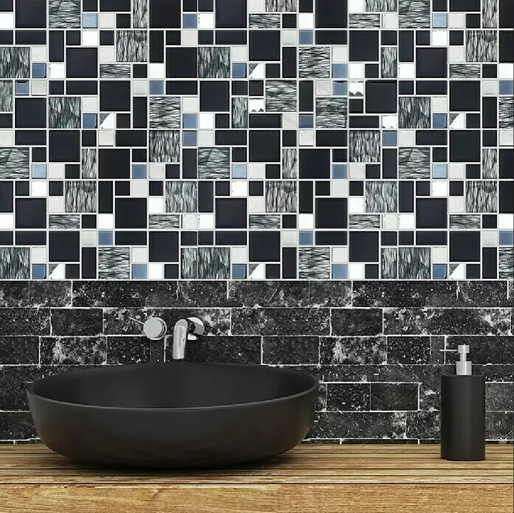 Combinacion de mosaico de vidrio mosaico de acero negro mezcla de vidrio translucido combinacion de acero inoxidable aspecto brillante