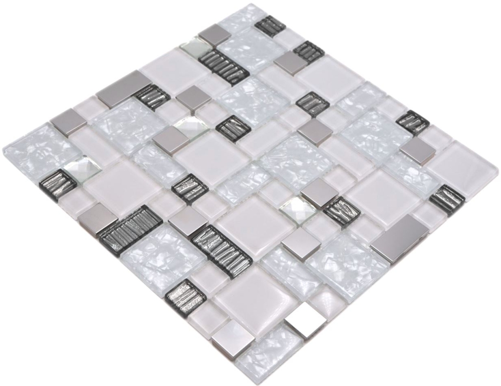 Mosaik Kombination Glasmosaik Stahl mix weiß Glas Mix Transluzent Edelstahl Kombinationsoptik glänzend