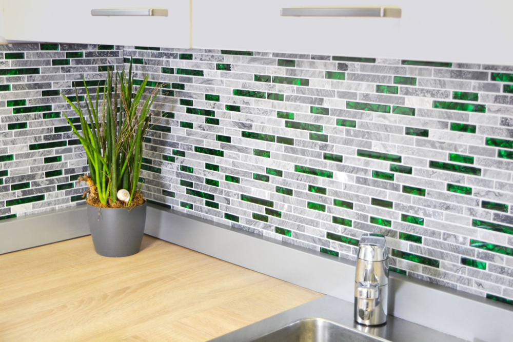 Mosaico compuesto de vidrio mosaico de piedra mezcla gris con verde mezcla translucida albanileria mirada brillante