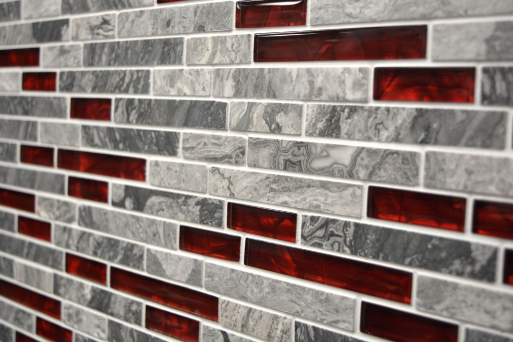 Glasmosaik Naturstein Stäbchen Marmor Mosaikfliesen grau rot anthrazit Fliesenspiegel Wandverblender Bad - 87-0409