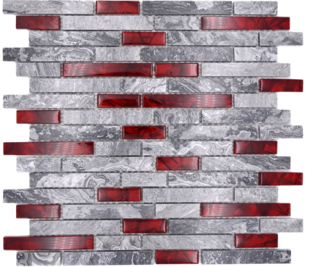 Glasmosaik Naturstein Stäbchen Marmor Mosaikfliesen grau rot anthrazit Fliesenspiegel Wandverblender Bad - 87-0409