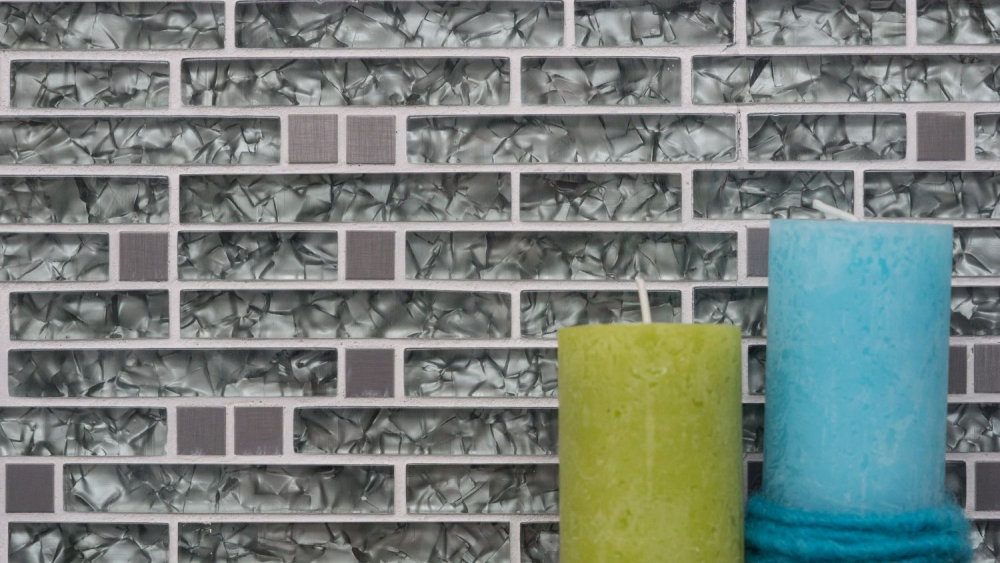 Mosaik Verbund Glasmosaik Stahl mix steingrüngrau Mix Transluzent Edelstahl Verbundoptik grüngrau glänzend